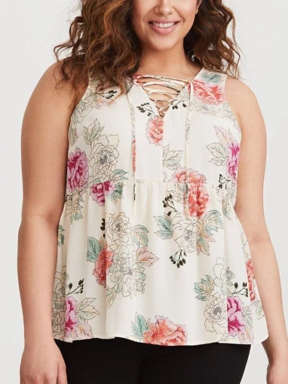 Torrid Ivory floral Lace-up Georgette Babydoll Top Size 4X